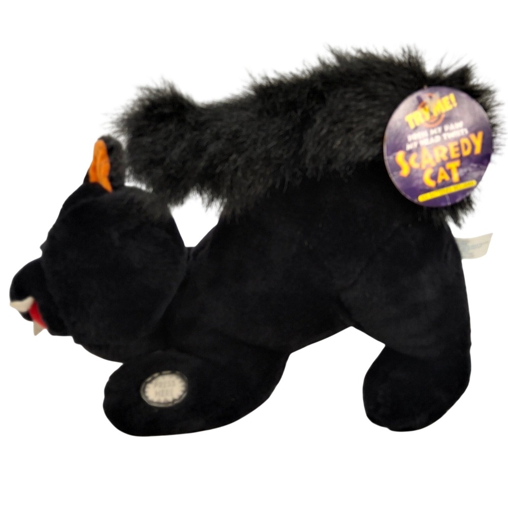 See Video! Vtg Animated Scaredy Cat Plush Press Paw Spins Head/Meows/Screeches